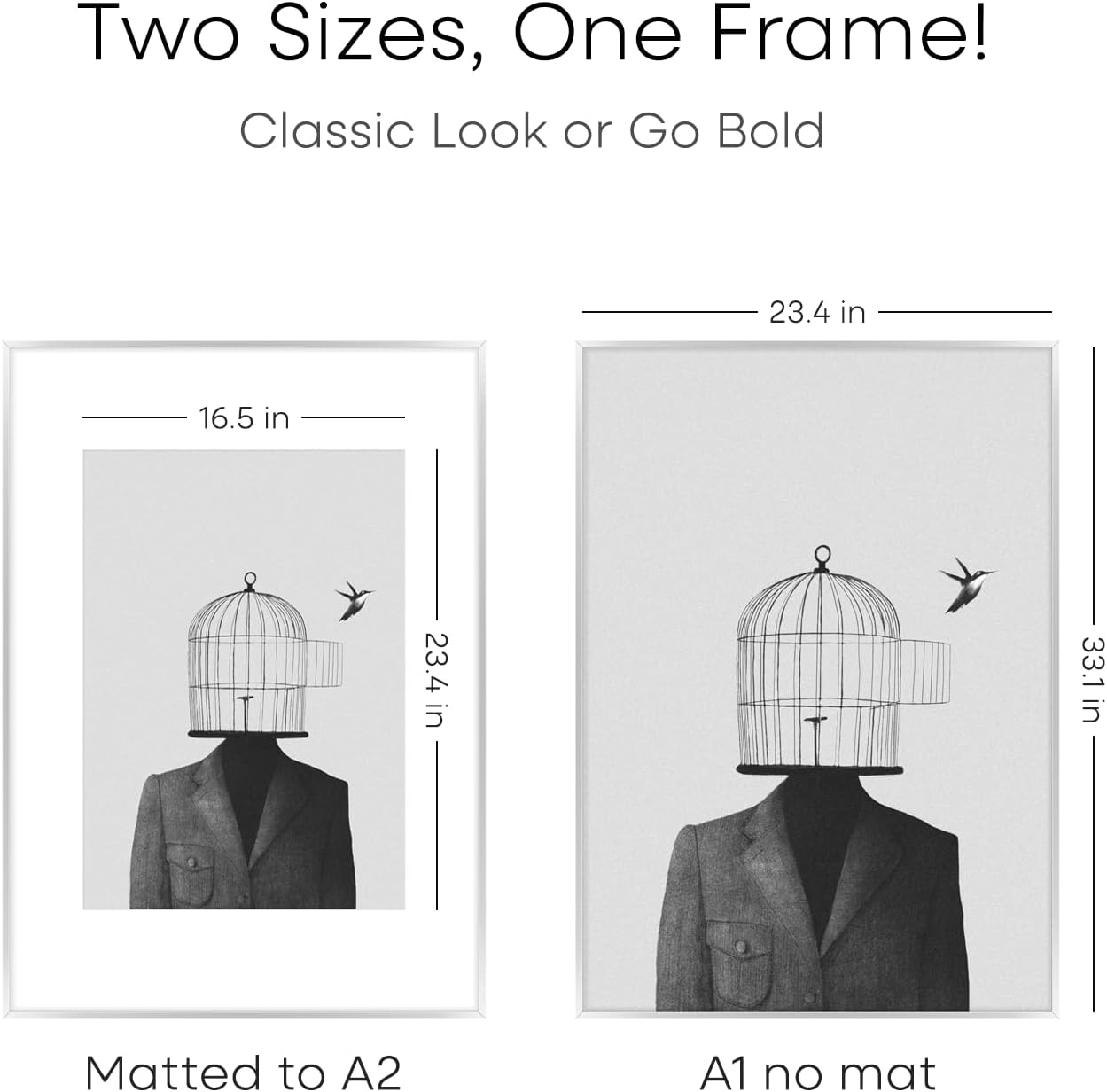 Homeforia A1 Poster Frame Silver, High End Metal A1 Large Picture Frame Silver with Mat A2 for Photo, 23.4x33.1 Frames Matted to 16.5x23.4 Print, 23.4 by 33.1 Frame, Tempered Glass, Wall Kit, Set of 2