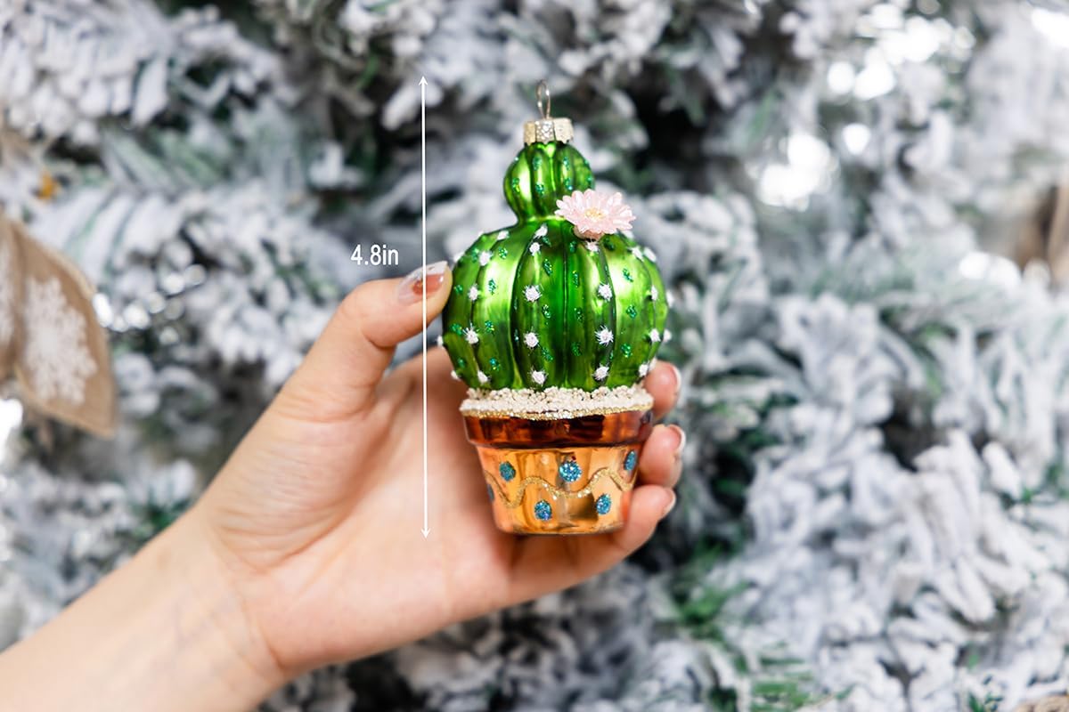 Set of 2 Hand Blown Glass Cactus Ornaments for Christmas Tree, Hanging Glass Cactus Ornament