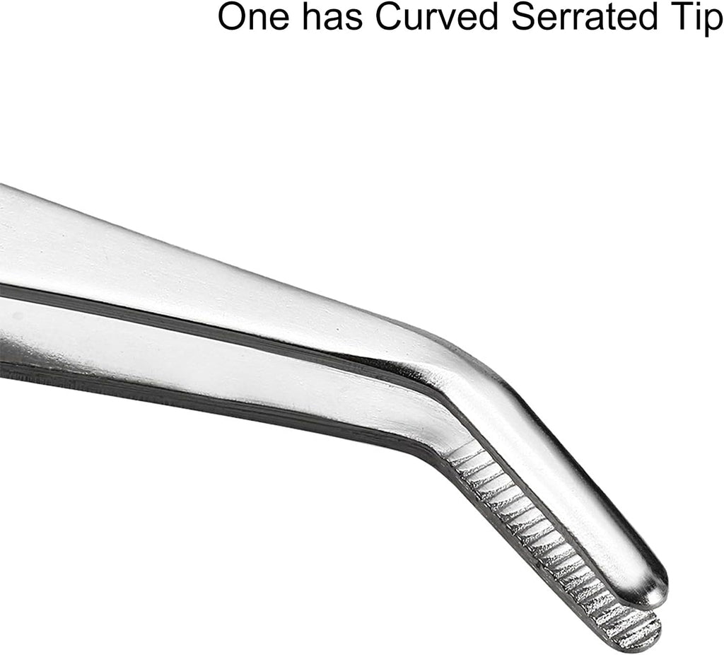 7 Inch Stainless Steel Tweezers with Straight and Curved Serrated Tip Multipurpose Forceps for Craft Repairing 2 Pack