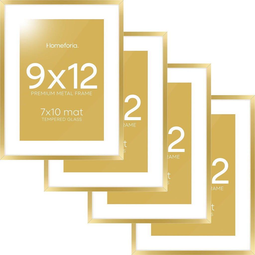 Homeforia 9x12 Gold Frame, High End Metal 9 x 12 Picture Frames with Mat 7 by 10 inch Photo, 9by12 Thin Poster Frame Matted to 7x10 Art, 12x9 Wall or Tabletop Frame, Tempered Glass, Wall Kit, Set of 4