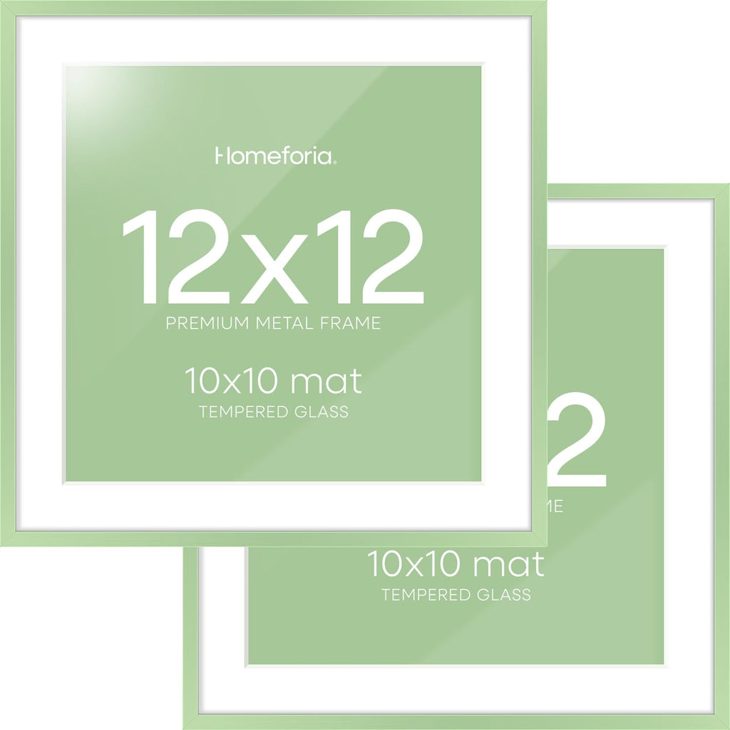Homeforia 12x12 Picture Frame Sage Green, High End Metal 12 x 12 Square Poster Frame with Mat 10 x 10 Photo, 12x12 Frame Matted to 10x10 Print, 12by12 Hanging Frame, Tempered Glass, Wall Kit, Set of 2