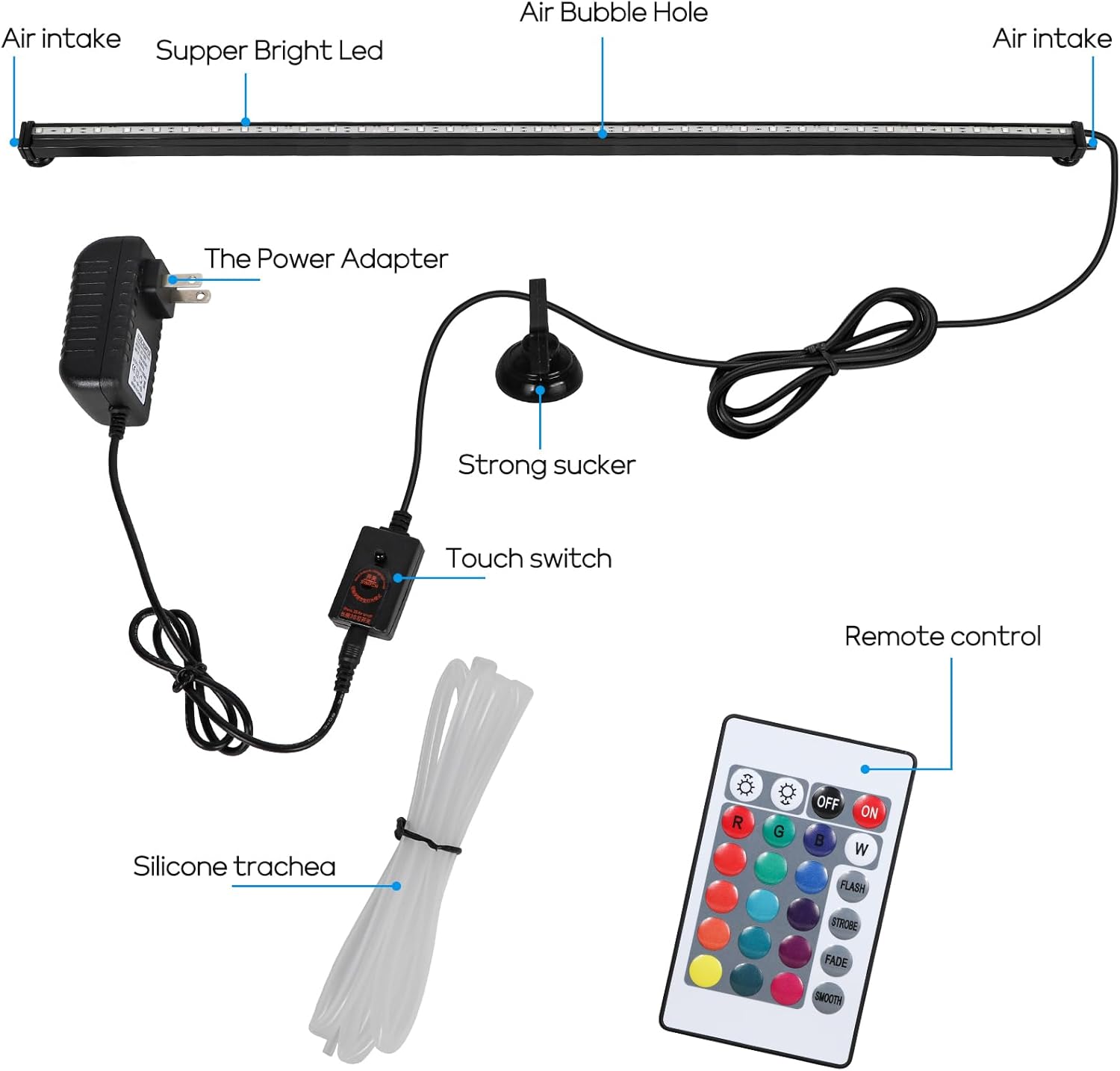 Submersible Aquarium Light, Fish Tank Light with Air Bubble Hole, RGB Color Changing Brightness Adjustable IP68 Waterproof Remote Control LED Light for Aquarium Fish Tank 35 inch