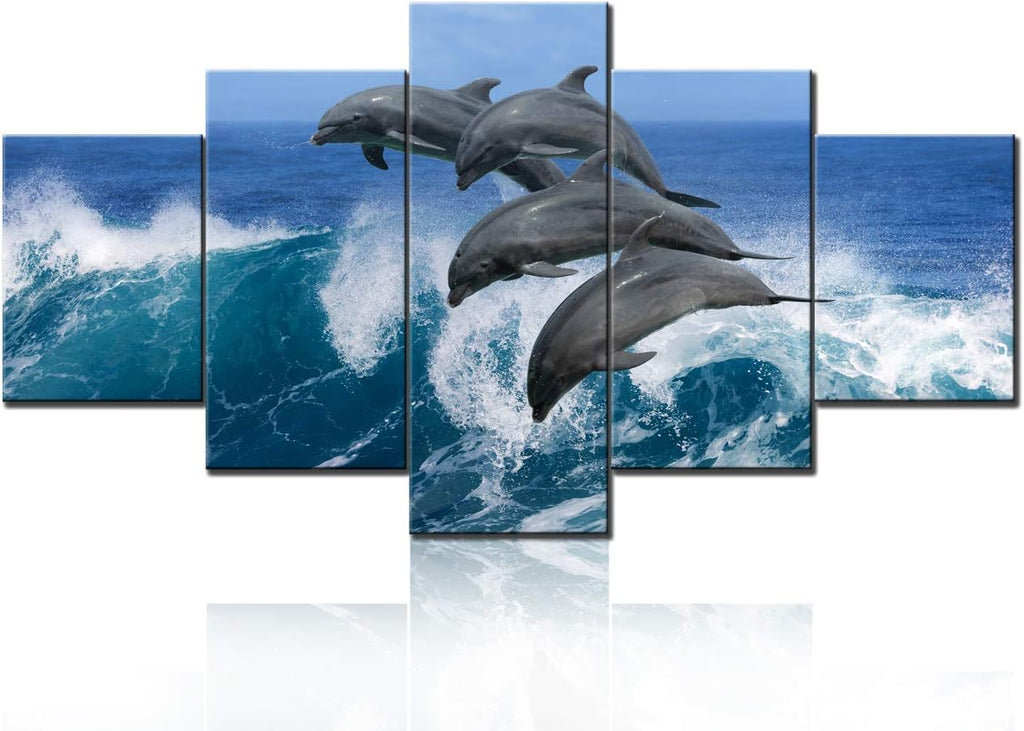 Living Room Decorations Marine Animals Dolphins Pictures Seascape Wall Art 5 Panel Printed on Canvas Artwork for Home Contemporary Paintings Framed Gallery-Wrapped Ready to Hang(60''Wx32''H)