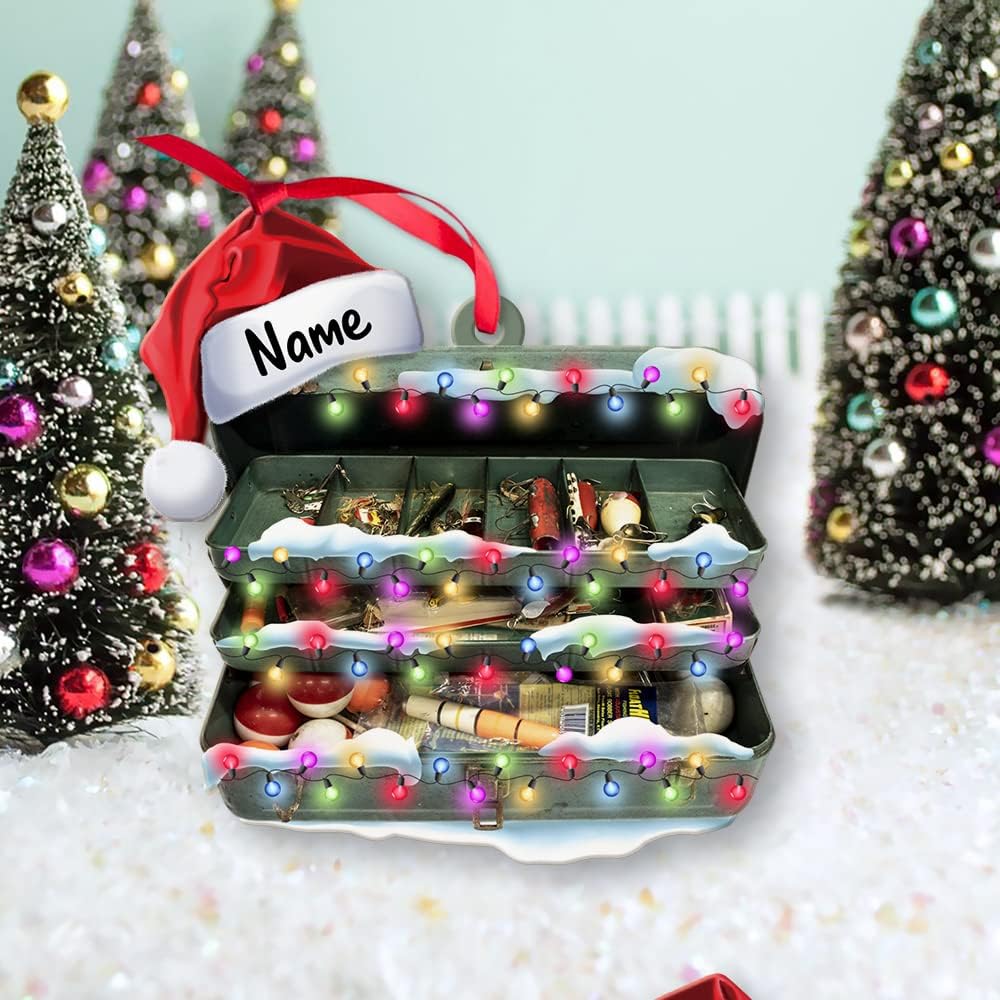 Fishing Tools Box Personalized Fishing Christmas Ornament Fish Ornaments for Christmas Tree Bass Fish Ornaments Fishingman Decor Flat 2D Hanging Tree Fisherman Dad Gift 16