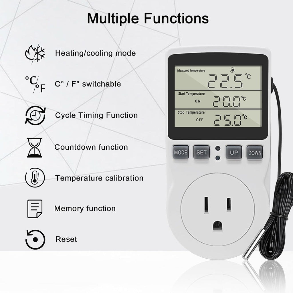 KETOTEK Digital Thermostat Outlet Plug Temperature Controller Outlet Socket 120V Heating Cooling Control 110V 15A Celsius Fahrenheit Display White