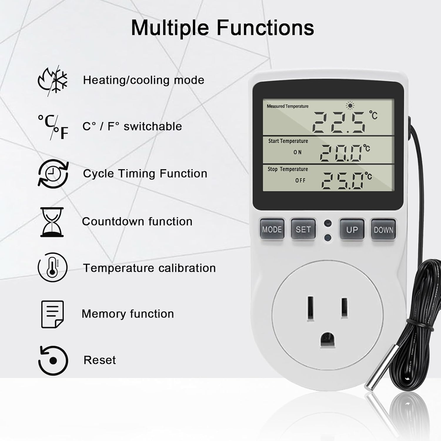 KETOTEK Digital Thermostat Outlet Plug Temperature Controller Outlet Socket 120V Heating Cooling Control 110V 15A Celsius Fahrenheit Display White