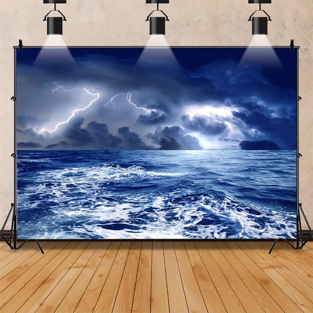 Renaiss Stormy Sea Backdrop for Photoshoot Adults Kids Portrait Dazzling Lightning Ocean Night Caribbean Sea Photography Background Birthday Nautical Pirate Themed Party Decor 7x5ft Photo Booth Props