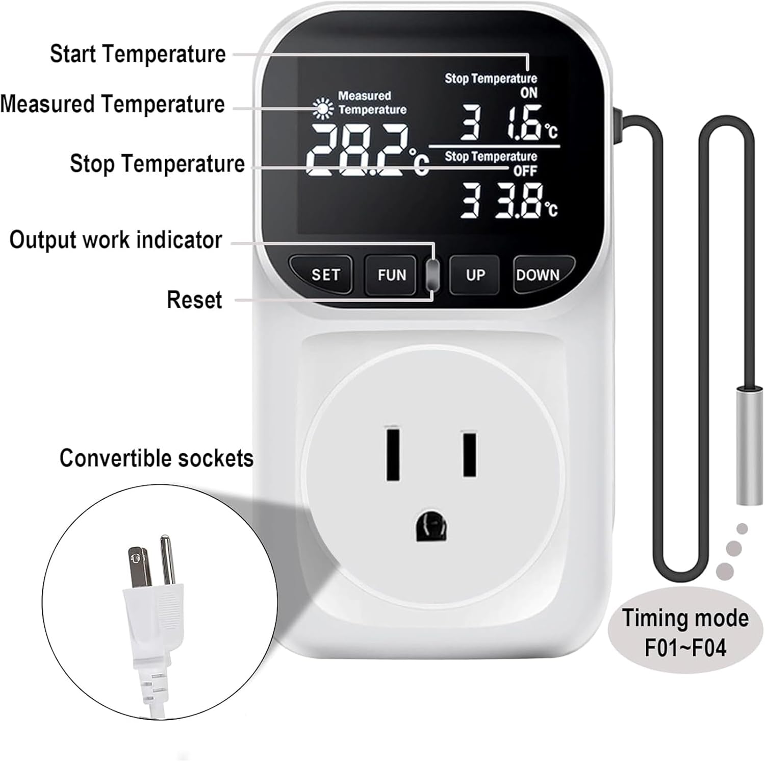 KABASI Digital Temperature Controller, Only Fahrenheit Dispaly Heavy Duty 15A Thermostat Outlet with Sensor, Heating Cooling Control Timer Plug Socket for Greenhouse Refrigerator Terrarium Aquarium