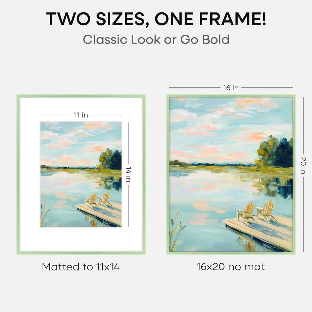 Homeforia 16x20 Sage Green Picture Frame, High End Metal 16x20 Poster Frame with Mat 11x14 inch Photo, 16 x 20 Sage Green Frame Matted to 11 by 14 Art, 20x16 Frame, Tempered Glass, Wall Kit, Set of 1
