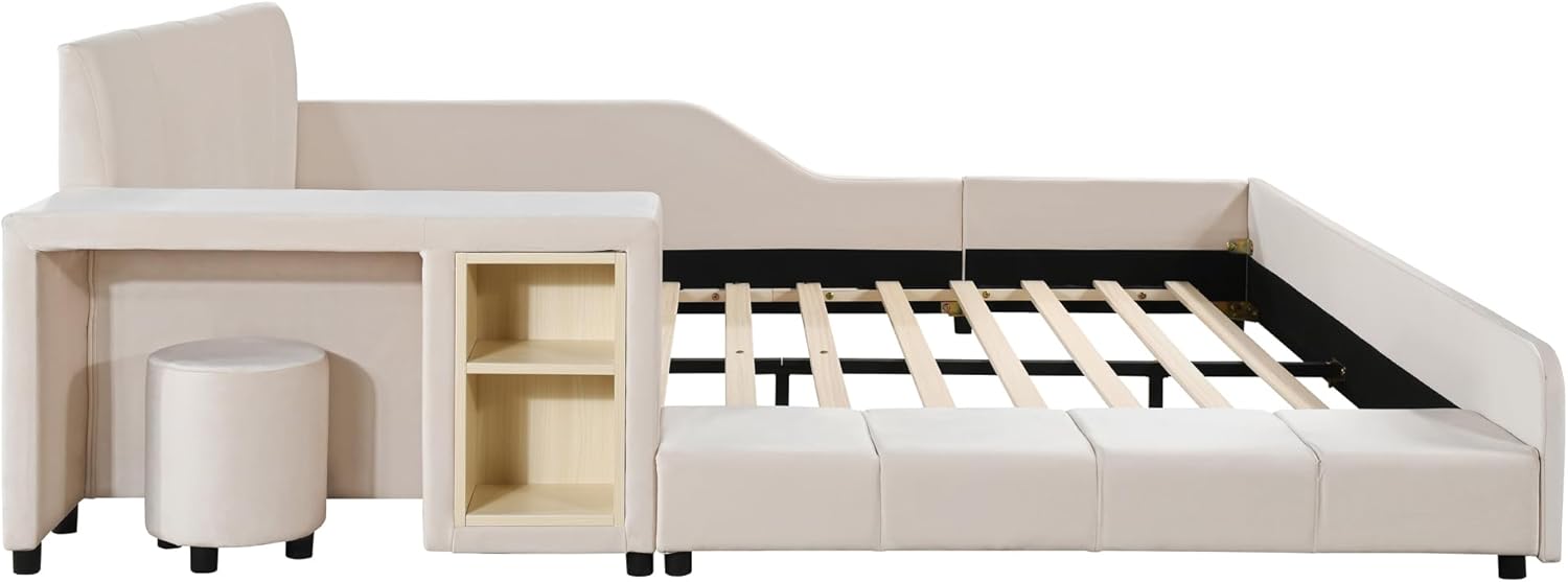 Merax Queens Size Velvet Bed Frames Upholstered Grounded Bed, Wooden Mother & Child Bed with Bedside Desk and Little Round Stool,Kids Adults Bedroom Floor Platform Bed,Beige