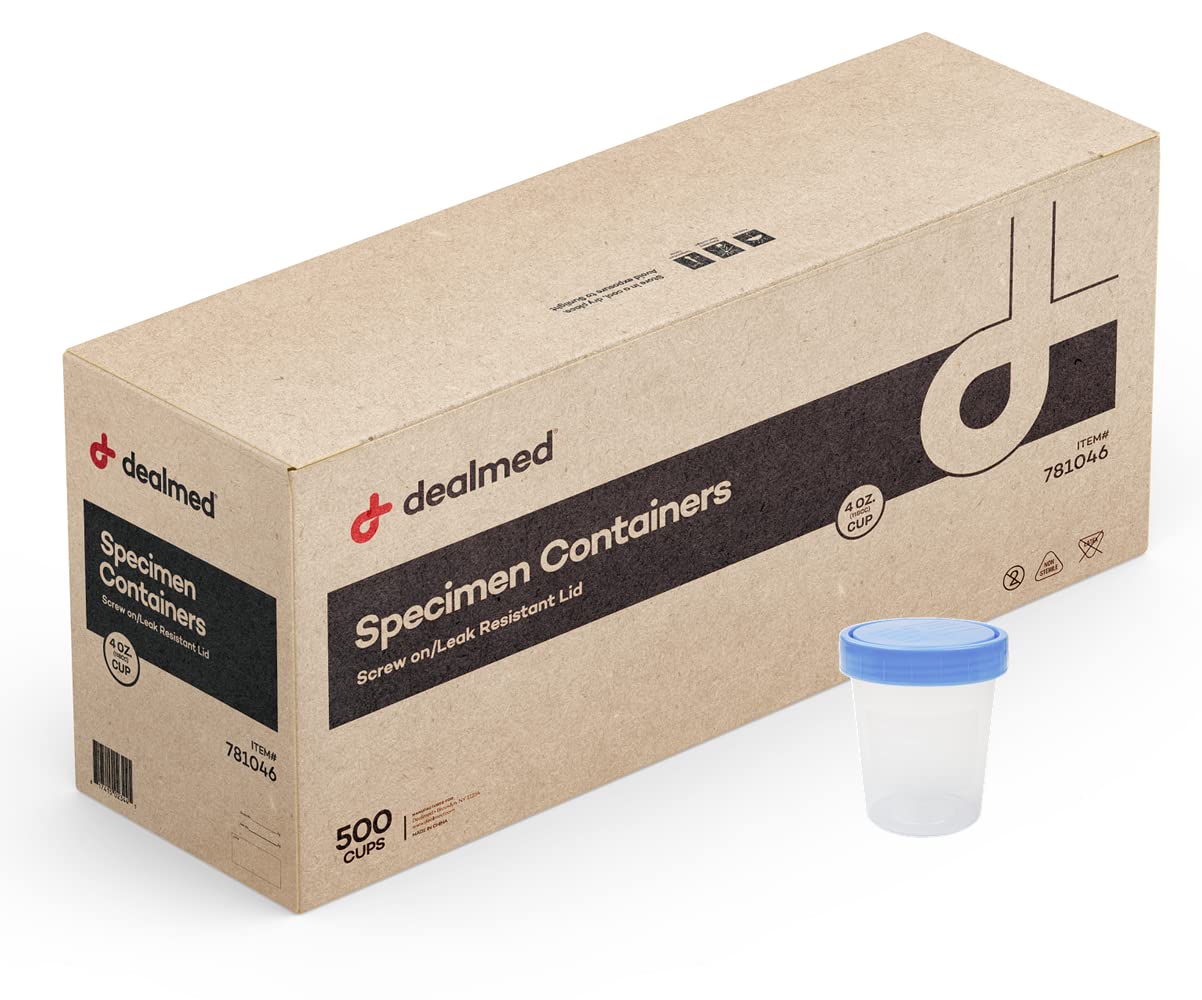 Dealmed Non-Sterile Specimen Containers – Single Use Urine Specimen Cups, Screw on Leak Resistant Lid, 4 oz, 500 Count