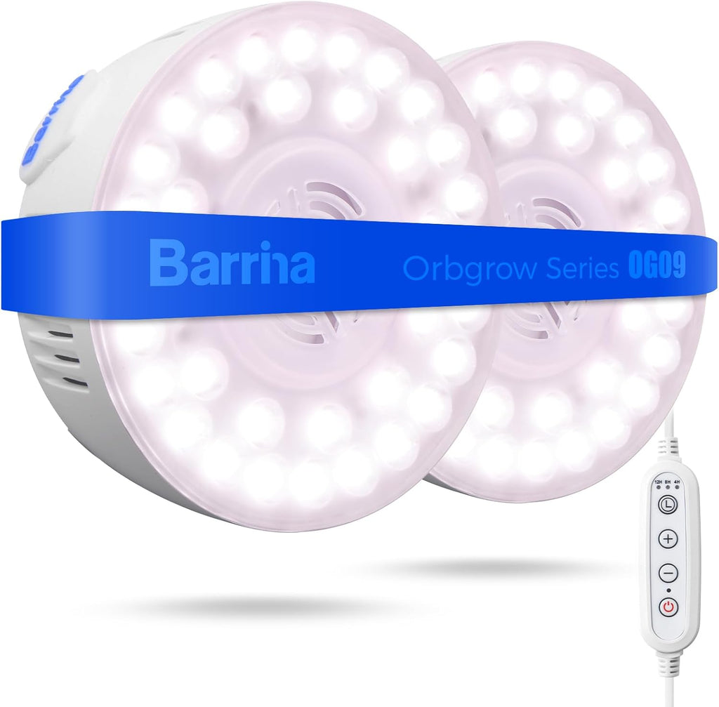 Barrina Orbgrow OG09 Puck Grow Light with Timer, Pinkish White 18W(2 x 9W, 270 Watt Equiv), Full Spectrum Plant Light for Indoor Plants, Magnetic & Linkable, 5 Levels Dimmable for Plant Shelf, 2 Packs
