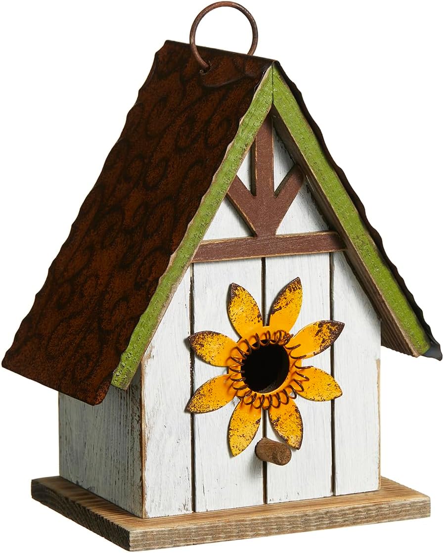 Glitzhome Bird Houses for Outside, Blue Bird Houses for Outdoors, 8.25" H Solid Wood Decorative Hanging Bird House Distressed Cottage Outdoor Garden Birdhouse with 3D Metal Roof and Flower