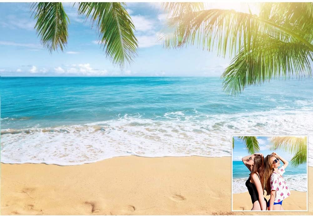 Leowefowa 5x3ft Sea Beach Backdrop Seaside Sand Beach Sea Wave Tropical Palm Leaf Photography Backdrops for Photo Shoots Holiday Party Adult Personal Portrait Photo Background Studio Props