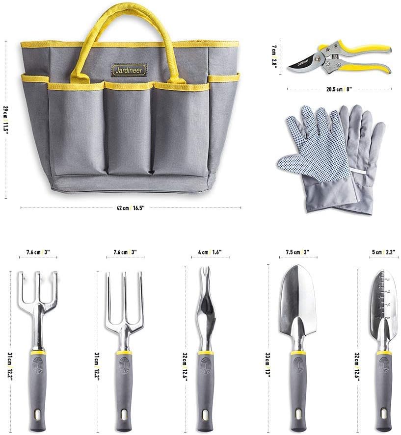 Jardineer Garden Tools Set, 8PCS Heavy Duty Garden Tool Kit with Outdoor Hand Tools, Garden Gloves and Storage Tote Bag, Gardening Tools Gifts for Women and Men