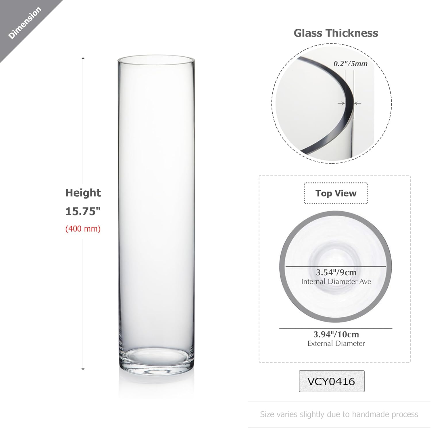 WGVI Quality Thick Weighted Tall Clear Cylinder Glass Vases, 4" W x 16" H, Flower Arrangement Floating Candle Holders Wedding Centerpieces Event Floral Container Home Decor, Bulk Wholesale, 12 Pcs