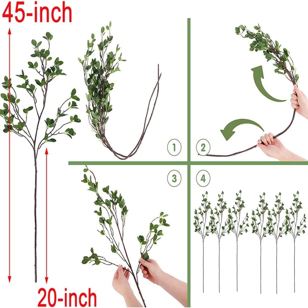 6pcs Artificial Branches Plants Greenery Stems Faux Branches for Vase Plant Artificial Eucalytus Branches Fake Ficus Twig (45"/Each Branch) (6, Green)