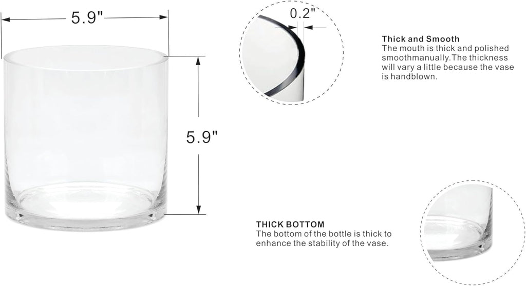 6" Wide 6" Tall Large Hand Blown Sturdy Clear Cylinder Glass Vase, Centerpiece Flower Vase for Rose, Tulip, Boquets, Hurricane Candle Holder (1, 6"x6")