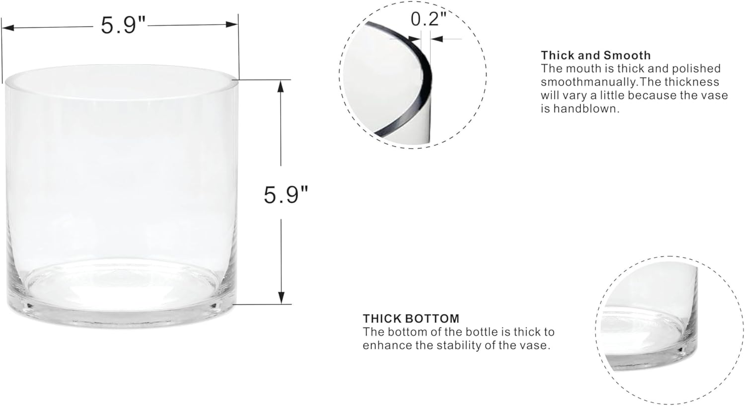 6" Wide 6" Tall Large Hand Blown Sturdy Clear Cylinder Glass Vase, Centerpiece Flower Vase for Rose, Tulip, Boquets, Hurricane Candle Holder (1, 6"x6")