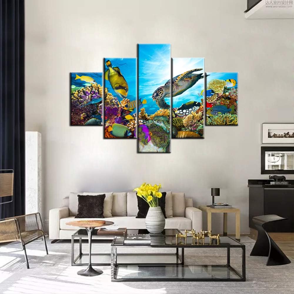 Undersea Canvas Art Wall Coral and Many Fishes Pictures Sealife Painting 5 Panel Colorful Wall Art House Decor Sea Turtle Artwork Framed Ready to Hang in Living Room Poster and Prints(60''Wx 40''H)