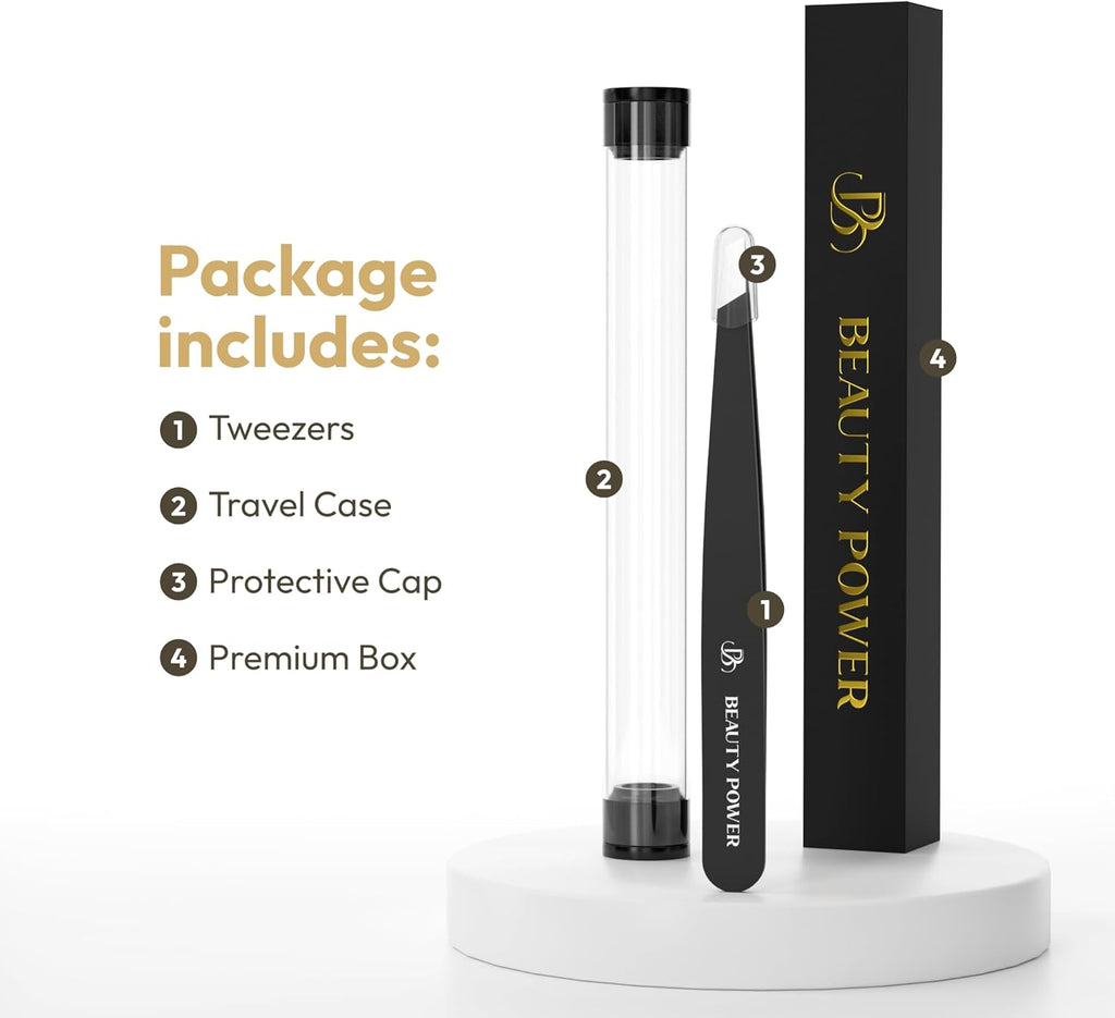 Professional Ultra-Precision Slant Tweezers for Women Facial Hair - German Stainless Steel, Tweezers for Men & Women, Black Eyebrow Tweezer for Ingrown Hair - Black