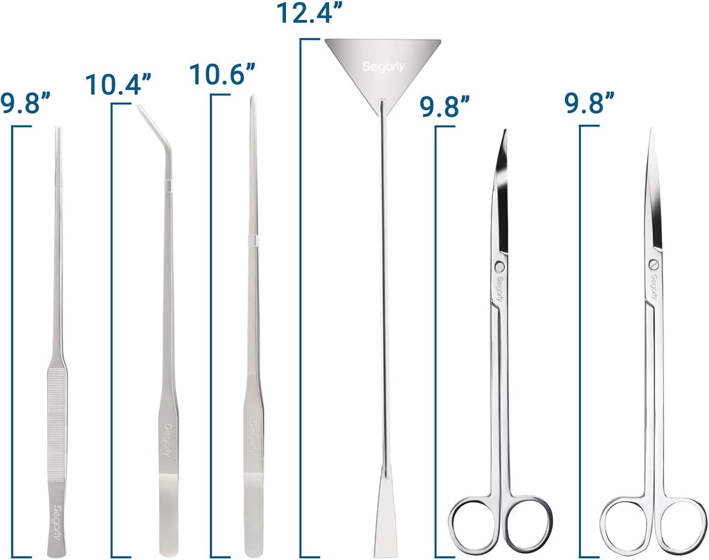 Segarty Aquarium Aquascaping Tools, 6 in 1 Stainless Steel Silver Aquascaping Tools Kit for Aquatic Plant Fish Tank, Long Scrapers Spatula Feeding Tweezers Curved Straight Scissors Aquarium Tools