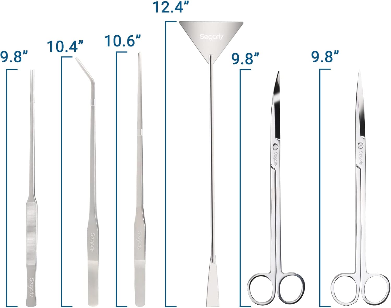Segarty Aquarium Aquascaping Tools, 6 in 1 Stainless Steel Silver Aquascaping Tools Kit for Aquatic Plant Fish Tank, Long Scrapers Spatula Feeding Tweezers Curved Straight Scissors Aquarium Tools