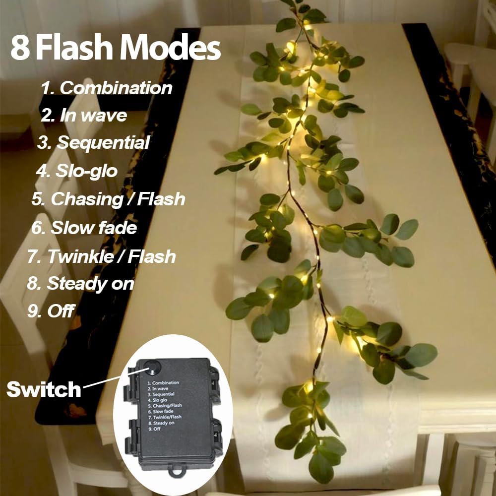 6.56FT Eucalyptus Garland with Lights 96 LEDs 8 Modes Battery Operated with Timer Faux Twig Vine Lights Spring Greenery Garlands for Mantle Fireplace Wall Table Stairs Wedding Party Bedroom Home Decor