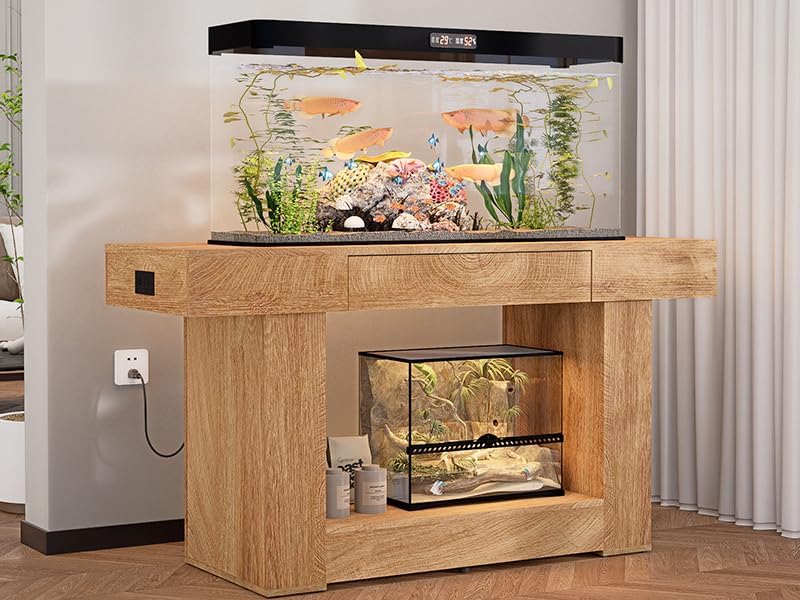 55–75 Gallon Aquarium Stand, Double Fish Tank Table with Power Outlets&USB Heavy Duty MDF Board&Metal Frame Holds 2 Tanks for Fish,Turtle, Reptile,Amphibian Terrariums, Farmhouse Style(Natural)
