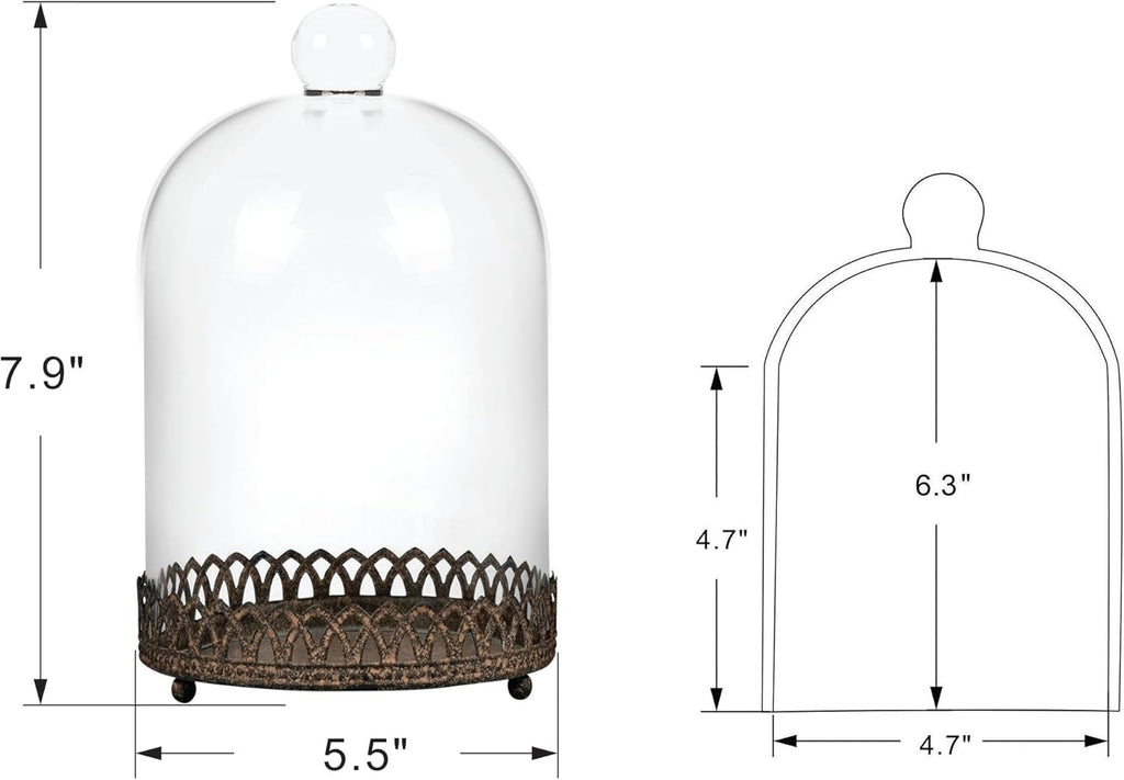 Twakutwku 8" Tall Large Sturdy Handmade Glass Cloche Dome with Metal Base in Rustic Brown for Plant, Terrarium, Collectibles, Candle. Cloche Glass Dome, Bell Jar Display Case (Brown, 8")