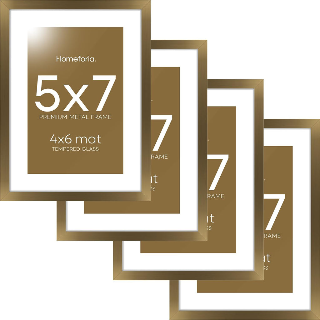 Homeforia 5x7 Picture Frame Bronze, High End Metal 5 x 7 Brass Frames with Mat 4 x 6 for Art, 5x7 Desk Frame Matted to 4x6 inch Photo, 5 by 7 Wall or Tabletop Frame, Tempered Glass, Wall Kit, Set of 4