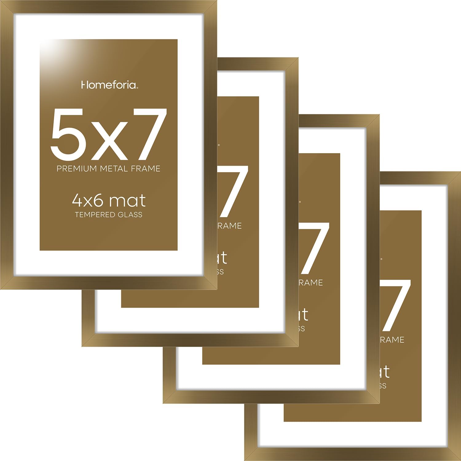 Homeforia 5x7 Picture Frame Bronze, High End Metal 5 x 7 Brass Frames with Mat 4 x 6 for Art, 5x7 Desk Frame Matted to 4x6 inch Photo, 5 by 7 Wall or Tabletop Frame, Tempered Glass, Wall Kit, Set of 4