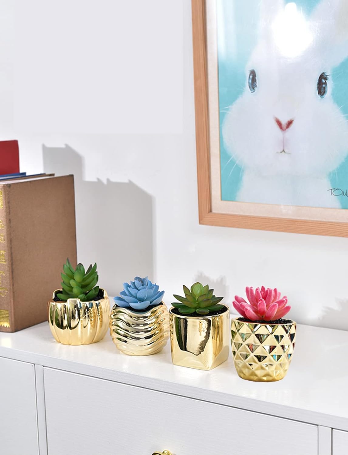 4pcs 3.5 Inches Gold Mini Succulent Ceramic Pots Holder, Small Simple Golden Porcelain Plant Cactus Flower Holder Decorative Planters, Plants Not Included
