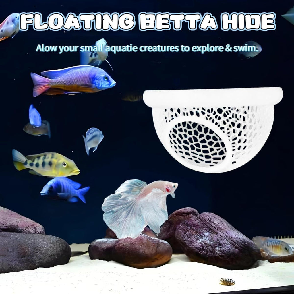 Floating Betta Hide & Shrimp Tank Accessories: 3D Printed Aquarium Decor, Multi-Functional Betta Hammock and Feeding Ring, Stress-Free Resting Spot for Small Fish Tank,Small&Large,White