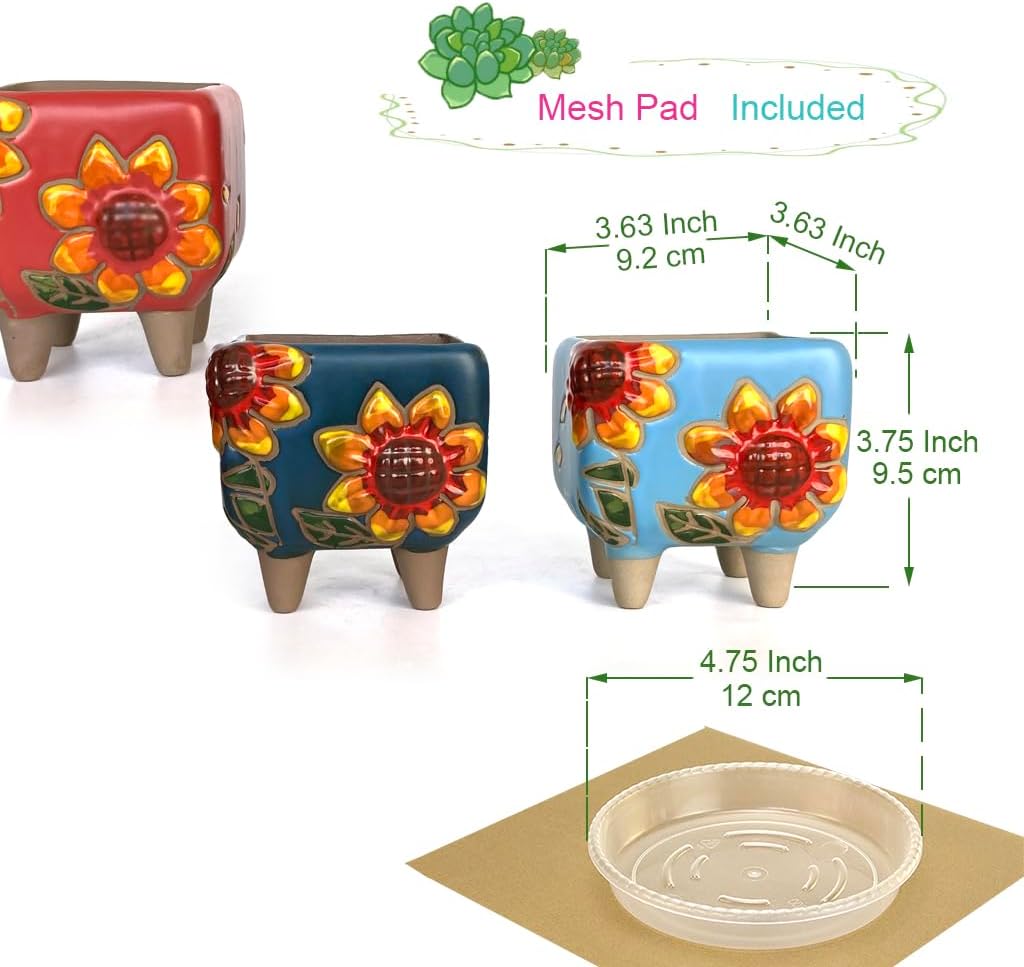 3.63 Inch Hand Painted Square Succulent Planter with Drainage and Clear Plastic Saucers Cactus Planter Pot Clay Pot Sunflowers Indoor Outdoor Pack of 3