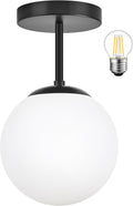 Mid Century Modern Globe Semi Flush Mount Ceiling Light Fixture Frosted Glass with Black Finish1-Light Globe Glass Ceiling Lights for Aisle Porch Stairway Closet Kitchen Laundry Room (Bulb Incl.)