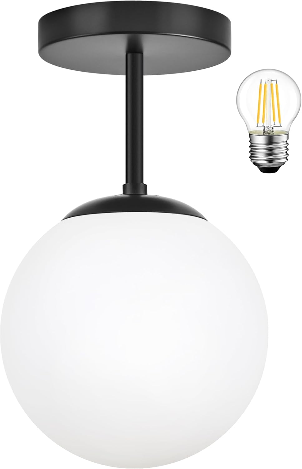Mid Century Modern Globe Semi Flush Mount Ceiling Light Fixture Frosted Glass with Black Finish1-Light Globe Glass Ceiling Lights for Aisle Porch Stairway Closet Kitchen Laundry Room (Bulb Incl.)