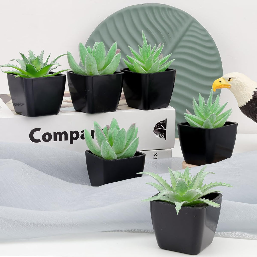 Woration 6pcs Fake Succulent Plants in Black Pots Artificial Mini Succulents Potted Green Decor Set Faux Greenery for Office Desk Table Shelf Party Decorations