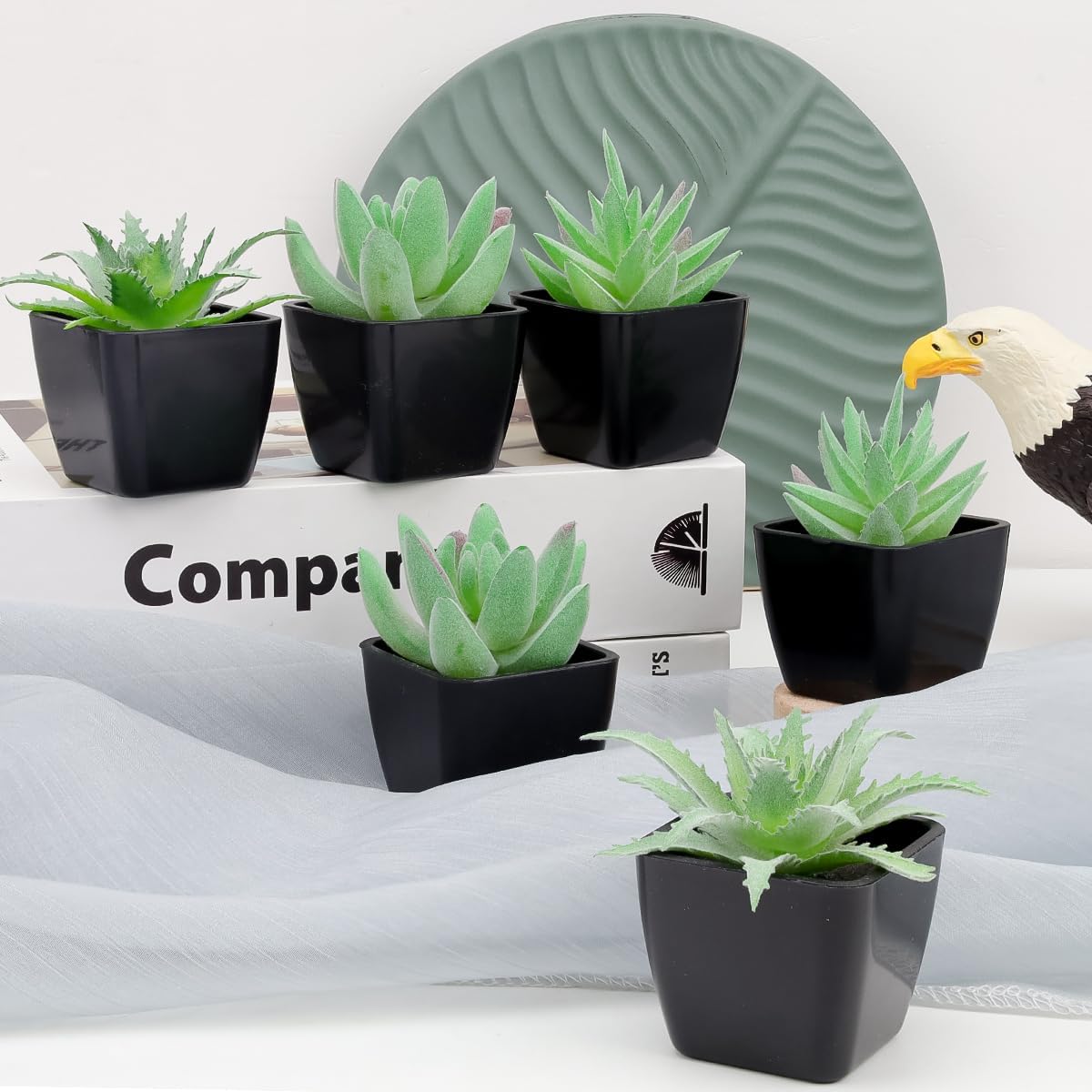 Woration 6pcs Fake Succulent Plants in Black Pots Artificial Mini Succulents Potted Green Decor Set Faux Greenery for Office Desk Table Shelf Party Decorations
