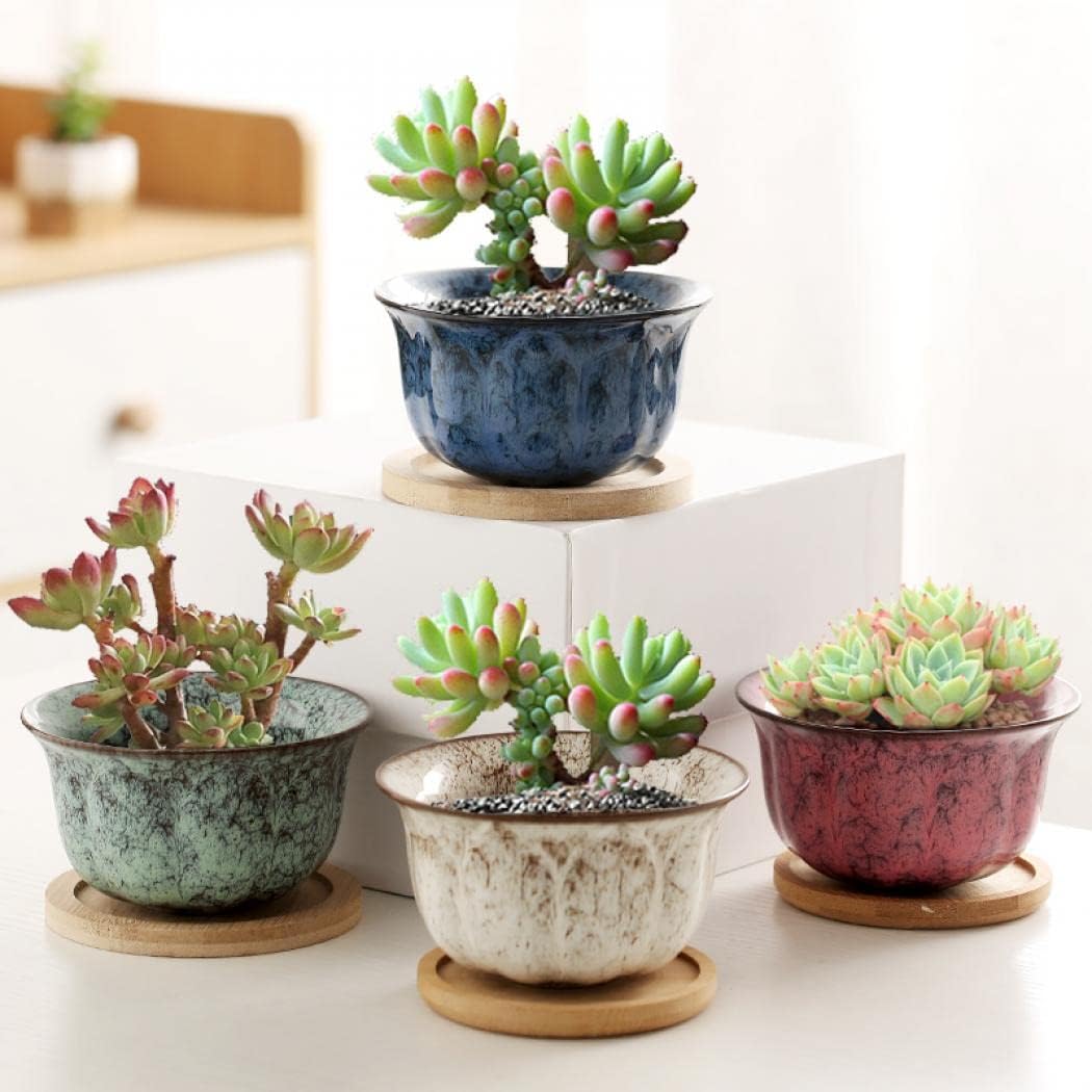 YYW Ceramic Plants Pots 3 Inch Set of 4 Flower Pots with Drainage and Bamboo Tray for Indoor/Outdoor Small House Plants,Foliage Plant (Set 3)