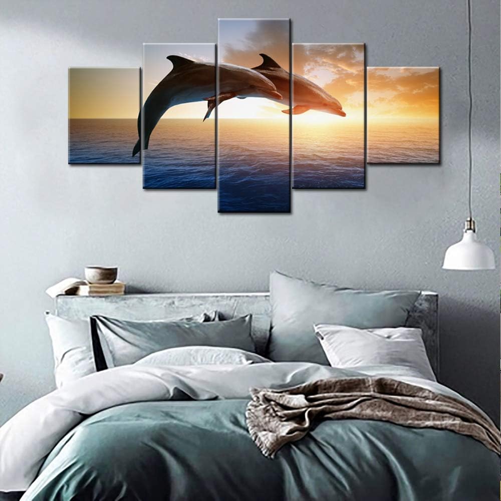 Wall Art for Living Room Two Dolphins over Sea Pictures Marine Wildlife Paintings 5 Piece Printed on Canvas Sunset Red Artwork House Modern Decor Framed Gallery-Wrapped Ready to Hang(60''Wx32''H)