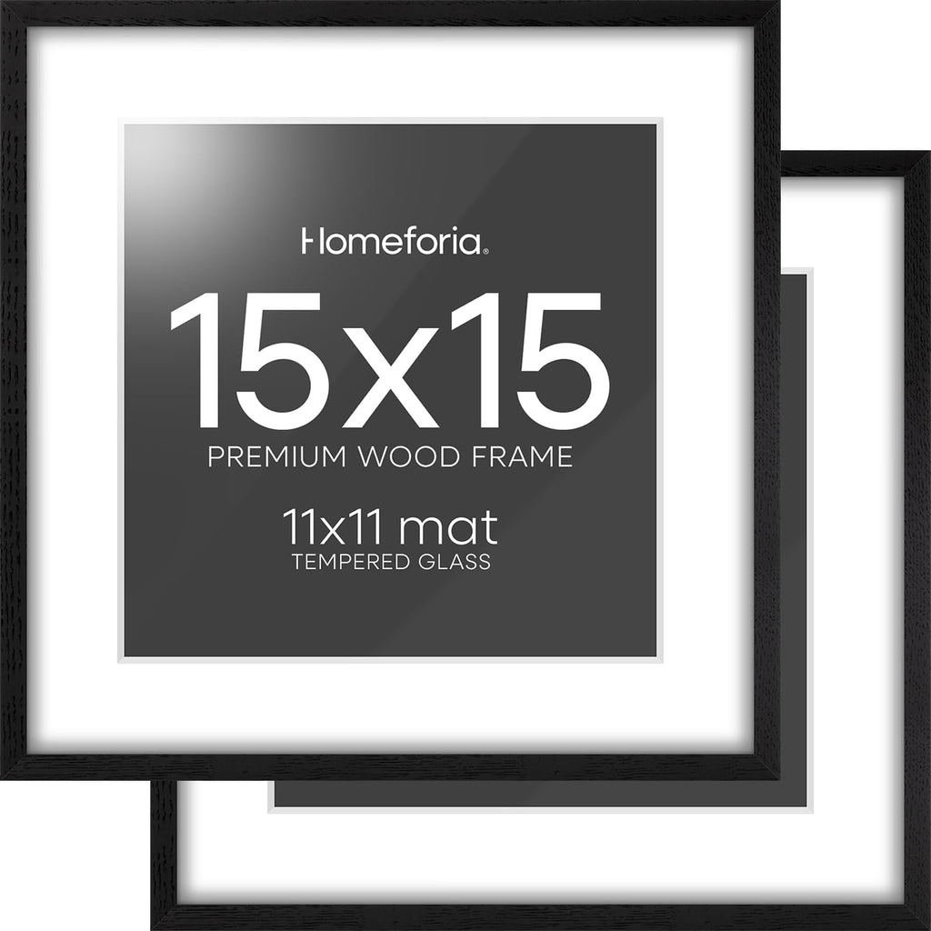 Homeforia 15x15 Black Wood Frame, High End Oak 15 x 15 Square Picture Frames with Mat 11 by 11 inches Photo, 15by15 Black Wooden Poster Frames Matted to 11x11 Print, Tempered Glass, Wall Kit, Set of 2