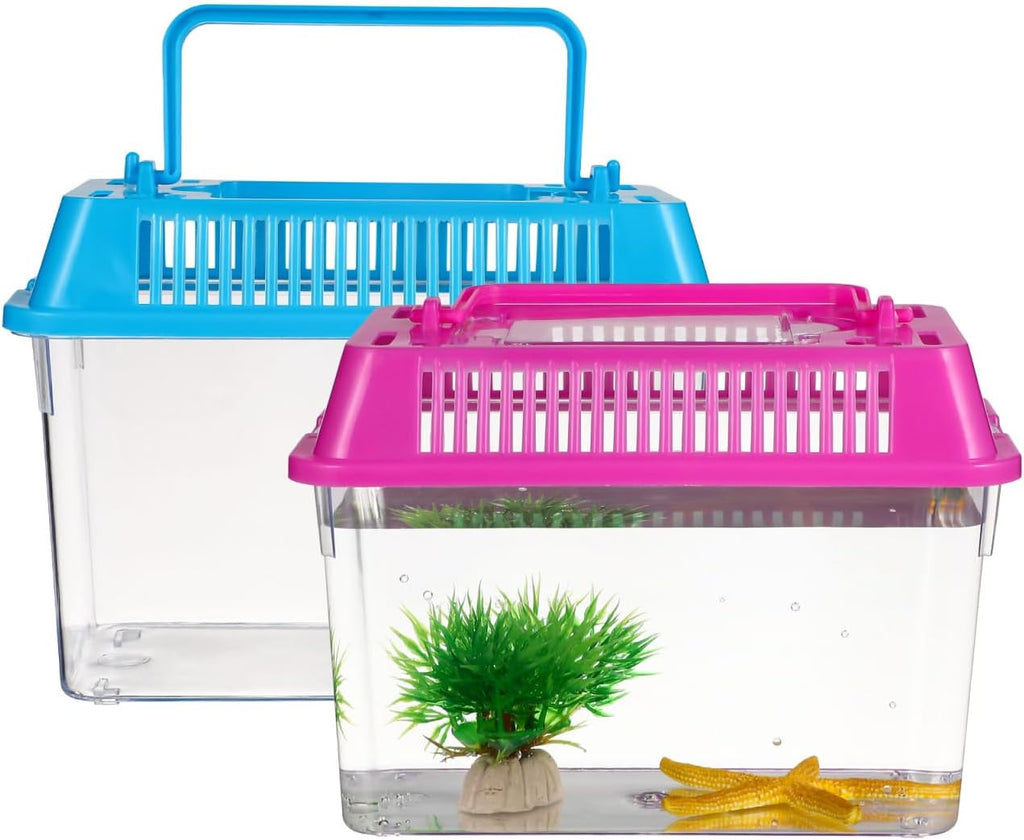 HANABASS Mini Fish Tank with Lid, Handheld Transparent Fish Box, Plastic Small Transparent Aquarium with Handle, Turtle Tortoise Habitat Tank, 5.9x4.3x3.7 Inches