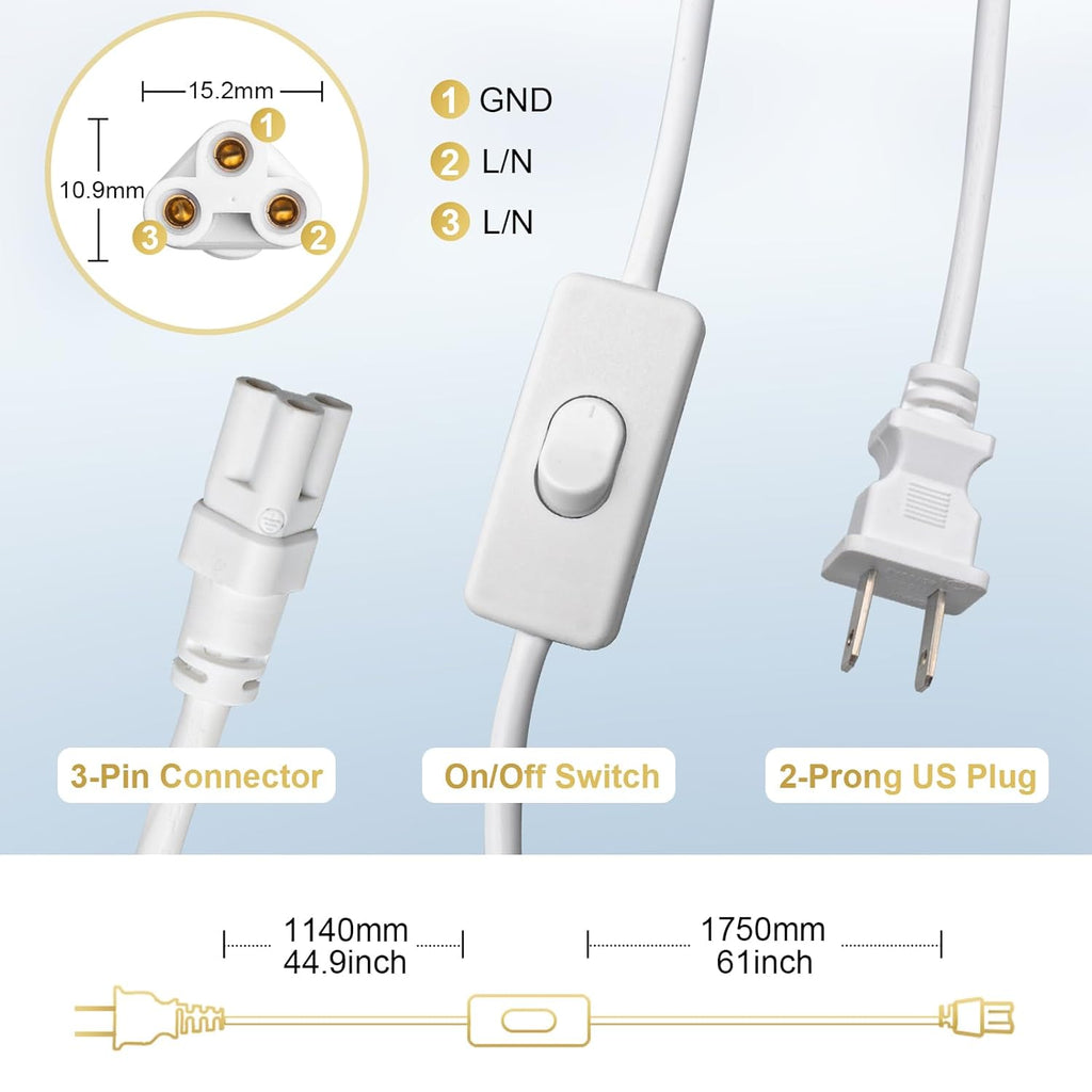 DiCUNO 9.8FT T5 T8 Tube Light Extension Cord with On/Off Switch, US Plug Cable Connector for LED Integrated Single Fixture, Shop Light, Garage, Under Cabinet, White, Pack of 1