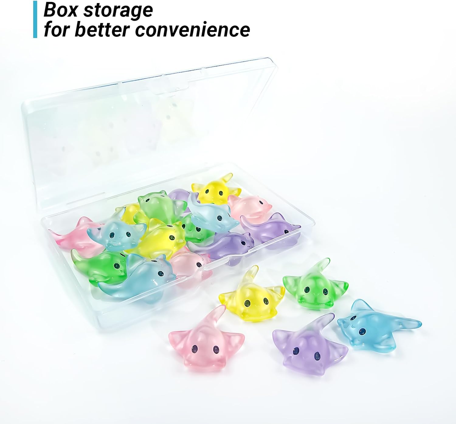 20Pcs Mini Resin Glow in The Dark Stingray Figurines - 6 Colors Realistic Cute Sting Ray Decorations for Terrarium Decor, Fairy Garden, Aquarium, Small Resin Animals with Storage Box