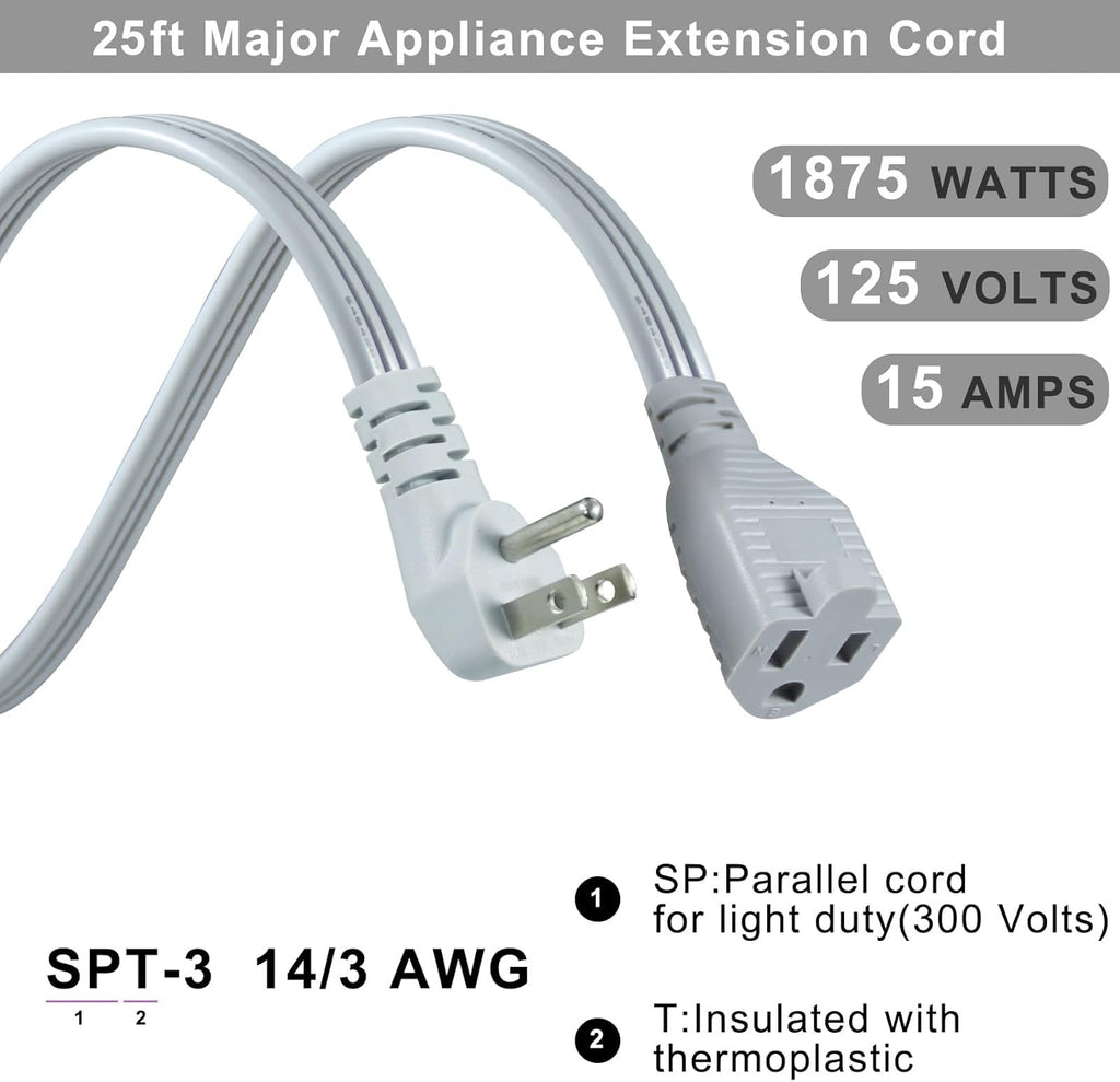 KUNCAN Appliance Power Extension Cord - 3 Prong Flat Wire SPT-3 14 AWG Heavy Duty Male to Female Extender Low Profile Grounded Cable for Major AC Unit, Air Conditioner, Refrigerator (25 Feet)