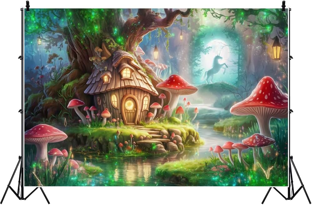 AOFOTO 5x3ft Magic Tree House Photoshoot Backdrop Mushroom Unicorn River Enchanted Forest Photography Background Fairy Tale Wonderland Theme Party Decoration Girls Princess Kids Birthday Banner