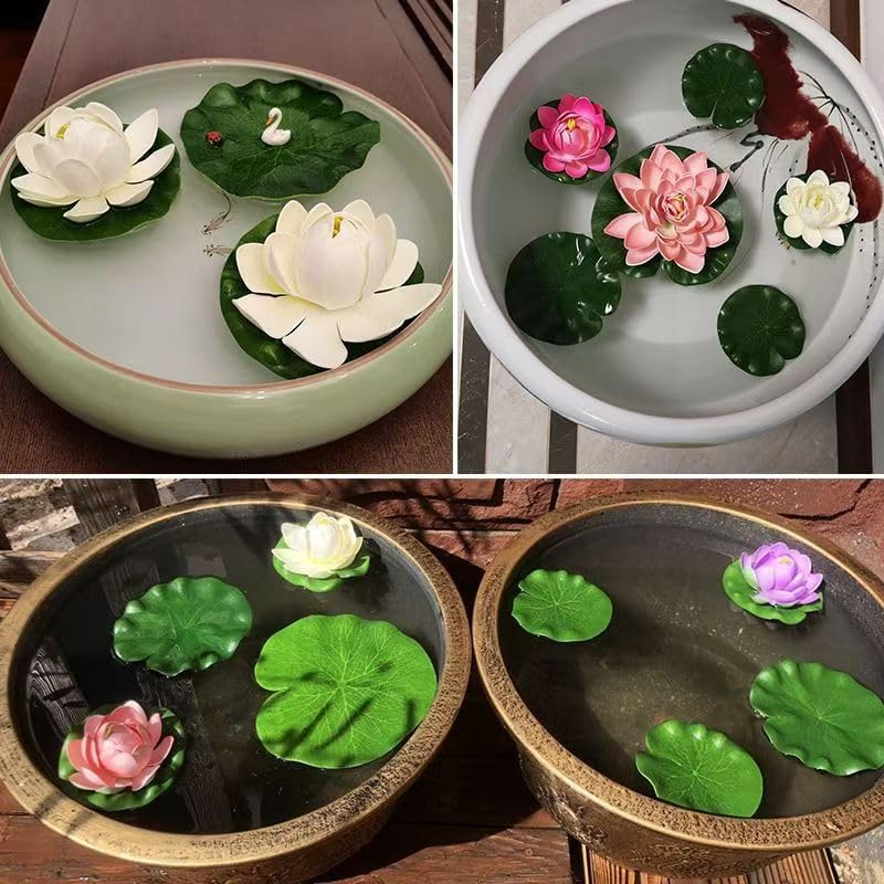 6Pcs Artificial Floating Foam Lotus Flower with 12Pcs Lotus Leaves for Indian Return Gifts Home Garden Pool Pond Fishbowl Aquarium Indian Diwali Decorations