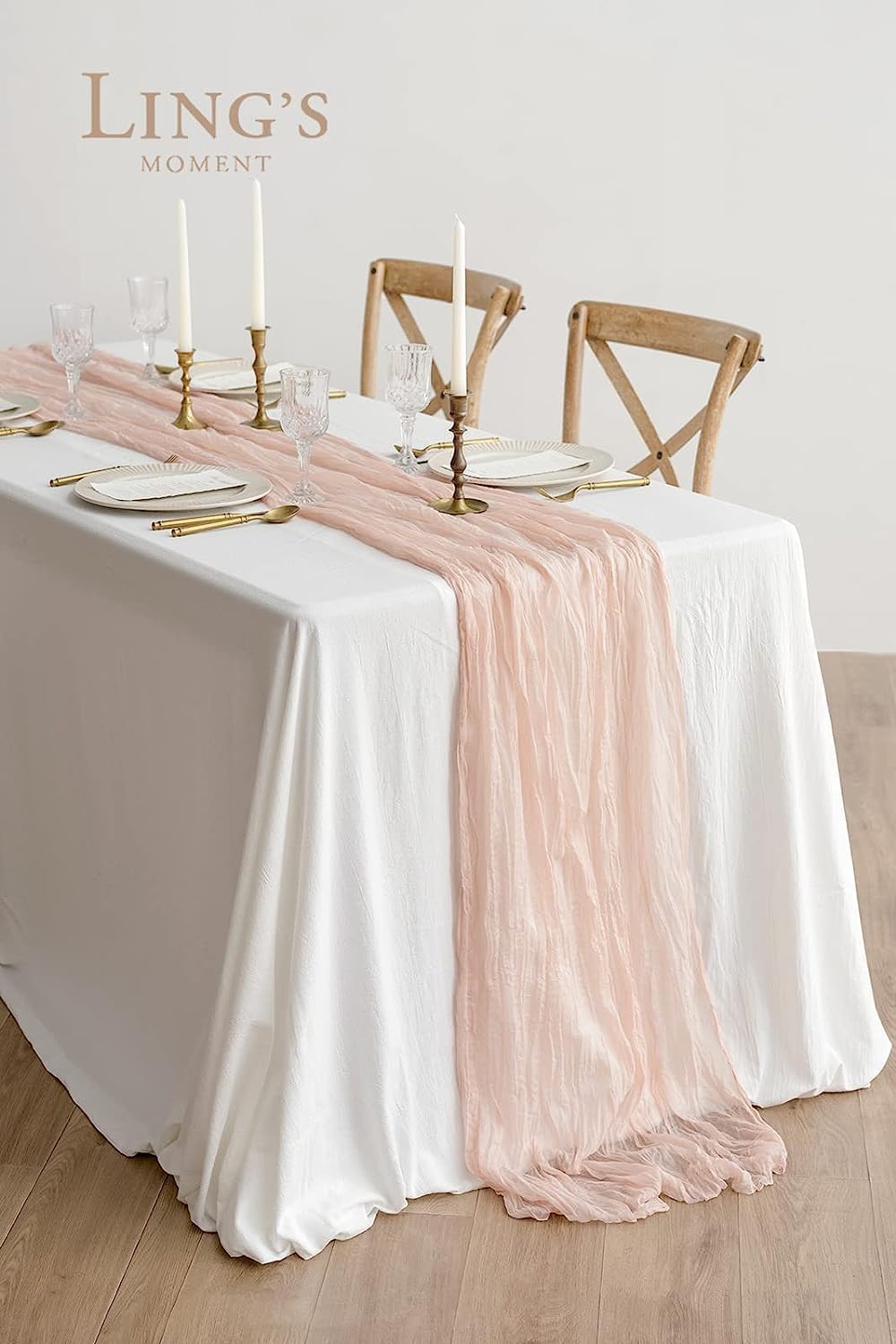 Ling's Moment 14ft Blush Cheesecloth Table Runner Gauze Sheer Extra Long Dusty Pink Table Runners for Wedding Party Bridal Shower(Blush, 14ft x 35")