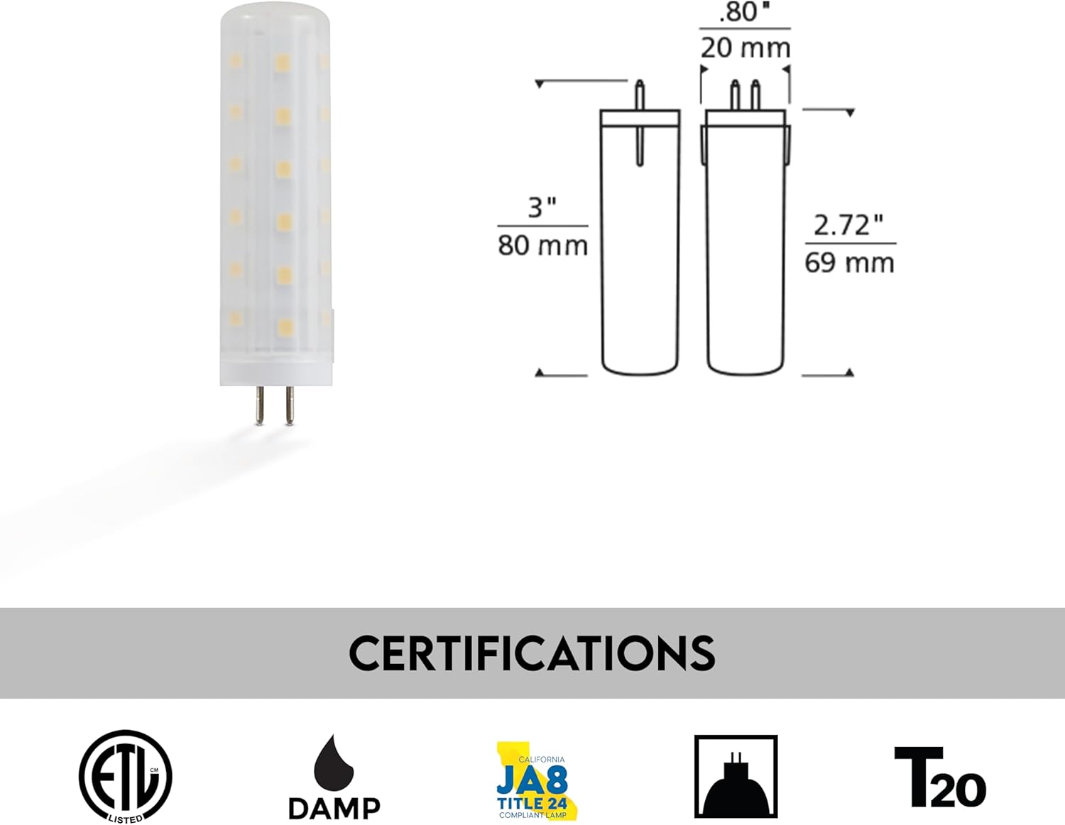 Tech Lighting LED Bi-Pin Replacement Module, Dimmable LED, 3000K, 430 Lumens, Easy to Install, Long Lasting, Energy-Saving, Damp Rated, GY 6.35 Socket (Tall)